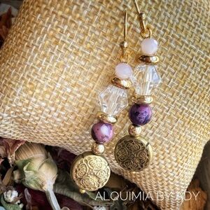 Purple turquoise Gold and Pink Dangle Earrings